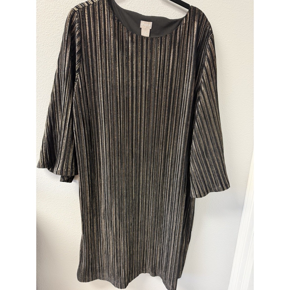 Chico's Size 3 XL 16/18 Black Gold Metallic Striped Dress 3/4 Sleeve Stretch
